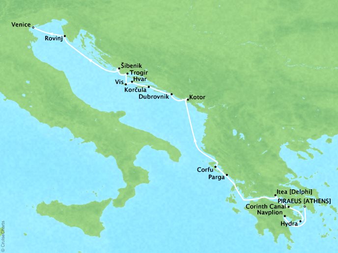Cruises Crystal Esprit Map Detail Piraeus, Greece to Venice, Italy April 23 May 7 2017 - 14 Days