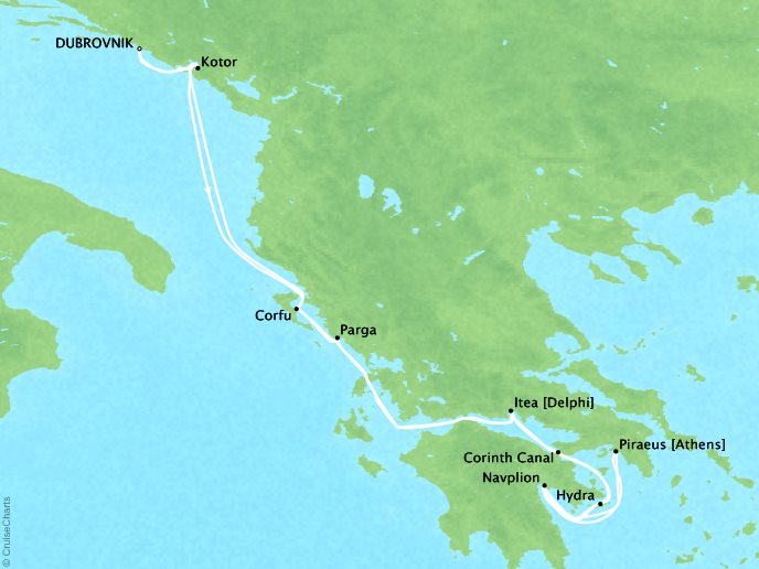 Cruises Crystal Esprit Map Detail Dubrovnik, Croatia to Dubrovnik, Croatia August 6-20 2017 - 14 Days