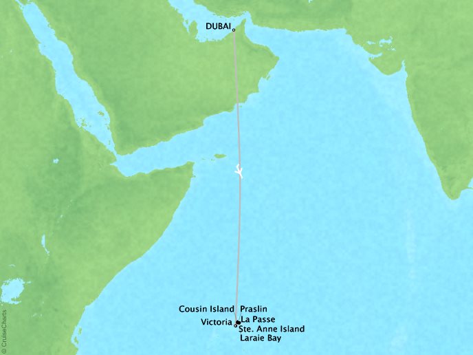 Cruises Crystal Esprit Map Detail Dubai, United Arab Emirates to Victoria, Seychelles February 17-26 2017 - 9 Days