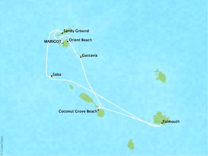 Cruises Crystal Esprit Map Detail Marigot, Saint Martin to Marigot, Saint Martin March 4-11 2018 - 7 Days