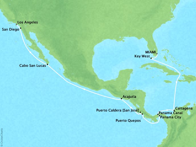 Cruises Crystal Serenity Map Detail Miami, FL, United States to Los Angeles, CA, United States April 15 May 3 2017 - 18 Days