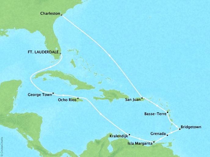 Cruises Crystal Serenity Map Detail Miami, FL to Charleston, SC December 6-20 2017 - 14 Days