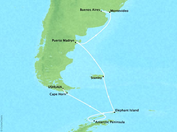 Cruises Crystal Serenity Map Detail Ushuaia, Argentina to Buenos Aires, Argentina February 18 March 3 2017 - 13 Days