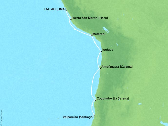 Cruises Crystal Serenity Map Detail Lima (Callao), Peru to Santiago (Valparaiso), Chile January 30 February 8 2017 - 9 Days