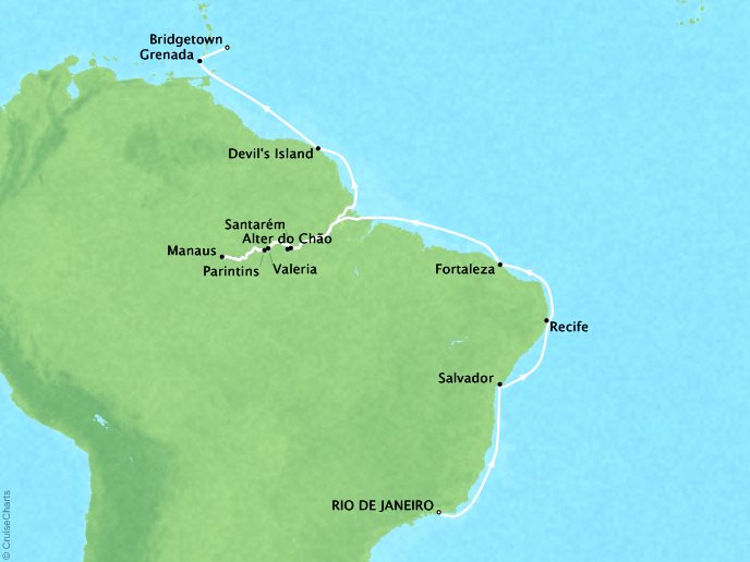 Cruises Crystal Serenity Map Detail Rio de Janeiro, Brazil to Barbados March 14 April 5 2017 - 22 Days