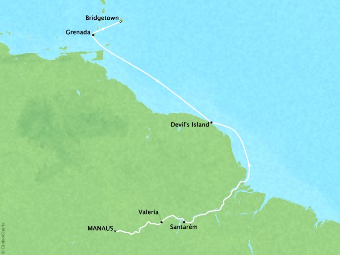 Cruises Crystal Serenity Map Detail Manaus, Brazil to Barbados March 27 April 5 2017 - 9 Days