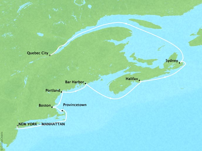 Cruises Crystal Serenity Map Detail New York, NY, United States to Qubec City, Canada September 16-26 2017 - 10 Days