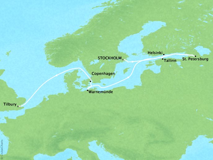 Cruises Crystal Serenity Map Detail Stockholm, Sweden to Tilbury, United Kingdom June 19 July 1 2018 - 12 Days