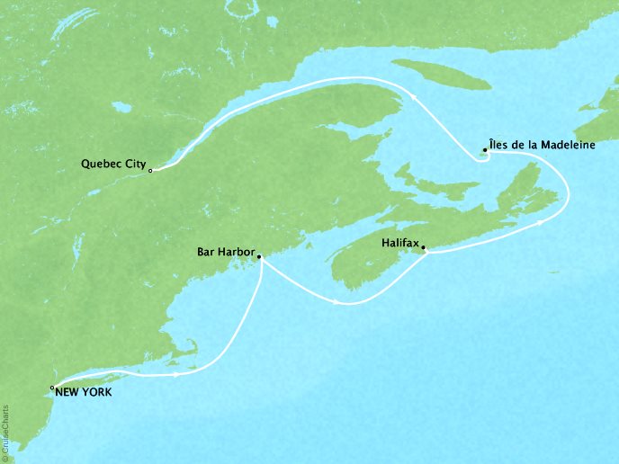Cruises Crystal Serenity Map Detail New York, NY, United States to Qubec City, Canada May 13-20 2019 - 7 Days