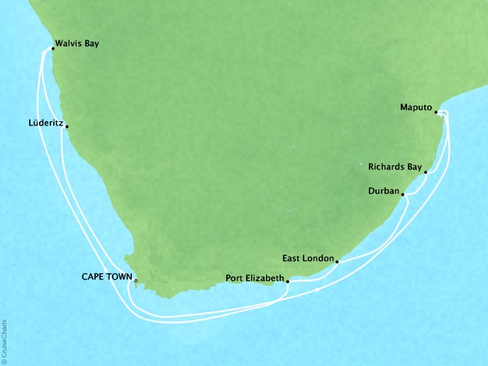 Cruises Crystal Symphony Map Detail Cape Town, South Africa to Cape Town, South Africa December 22 2017 January 7 2018 - 16 Days