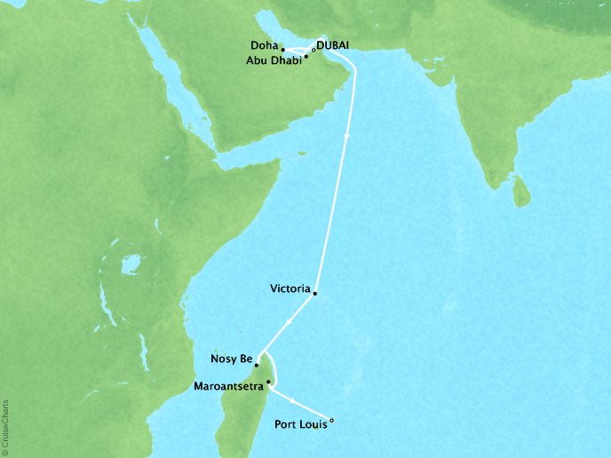 Cruises Crystal Symphony Map Detail Dubai, United Arab Emirates to Mauritius (Port Louis) November 22 December 9 2017 - 17 Days