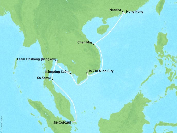 Cruises Crystal Symphony Map Detail Singapore, Singapore to Hong Kong, China April 26 May 9 2019 - 13 Days