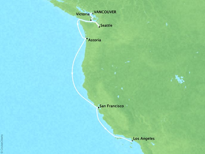 Cruises Crystal Symphony Map Detail Vancouver, Canada to Los Angeles, CA, United States August 20-30 2019 - 10 Days