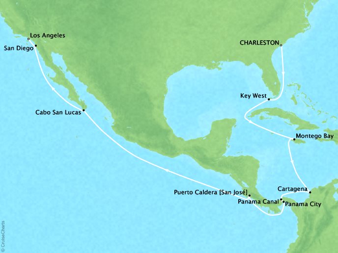 Cruises Crystal Symphony Map Detail Charleston, SC, United States to Los Angeles, CA, United States December 1-20 2019 - 19 Days