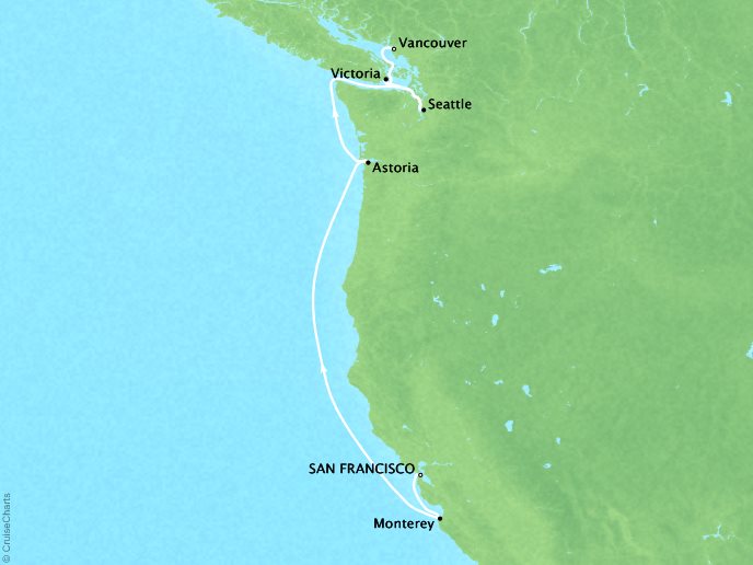 Cruises Crystal Symphony Map Detail San ENancisco, CA, United States to Vancouver, Canada June 17-25 2019 - 8 Days