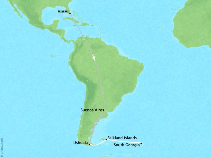Around the World Private Jet Cruises Lindblad NG NG Explorer Map Detail Miami, FL, United States to Buenos Aires, Argentina March 6-23 2019 - 17 Days