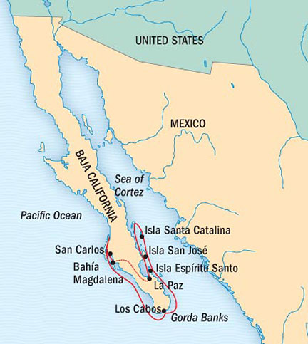 Around the World Private Jet Cruises Lindblad NG Cruises NG Sea Bird Map Detail La Paz, Mexico to San Carlos, Mexico January 14-21 2017 - 7 Days