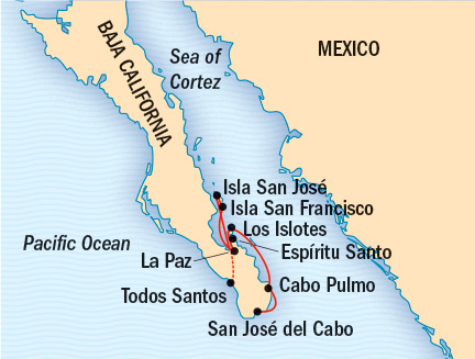 Around the World Private Jet Cruises Lindblad NG Cruises NG Sea Bird Map Detail San Jose Del Cabo, Mexico to La Paz, Mexico January 7-14 2017 - 7 Days