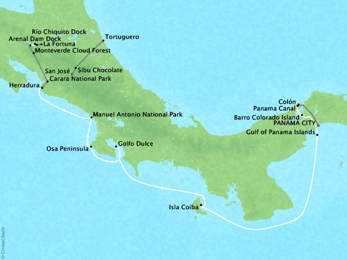 Around the World Private Jet Cruises Lindblad NG NG Sea Lion Map Detail Panama City, Panama to San Jose, Costa Rica January 14-28 2017 - 14 Days