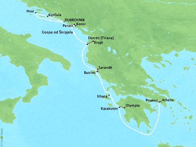 Around the World Private Jet Cruises Lindblad Expeditions Sea Cloud Map Detail Dubrovnik, Croatia to Athens, Greece June 8-18 2018 - 10 Days