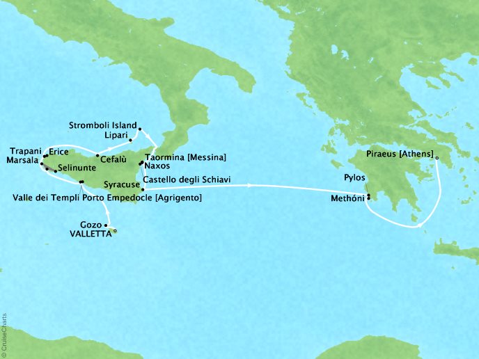 Around the World Private Jet Cruises Lindblad Expeditions Sea Cloud Map Detail Valletta, Malta And Barbuda to Piraeus, Greece May 15-29 2018 - 14 Days