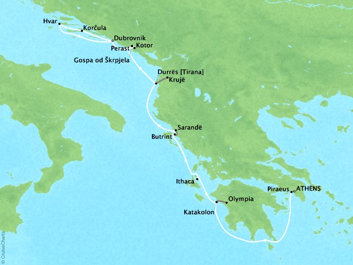 Around the World Private Jet Cruises Lindblad Expeditions Sea Cloud Map Detail Athens, Greece to Dubrovnik, Croatia September 15-25 2018 - 10 Days