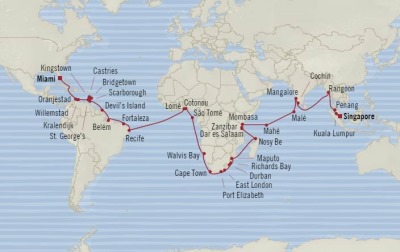 Cruises Oceania Insignia Map Detail Miami, FL, United States to Singapore, Singapore January 3 March 15 2018 - 71 Days