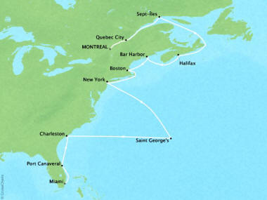 Cruises Oceania Insignia Map Detail Montreal, Canada to Miami, FL, United States November 2-18 2018 - 16 Days