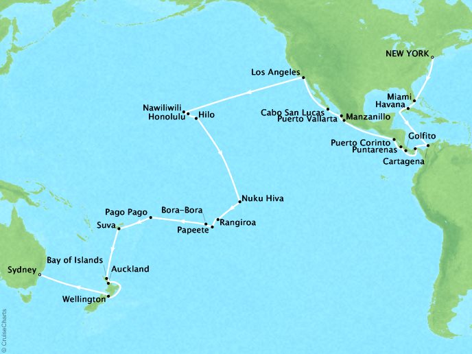 Cruises Oceania Insignia Map Detail New York, NY, United States to Sydney, Australia January 11 March 4 2019 - 51 Days