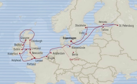 Cruises Oceania Nautica Map Detail Copenhagen, Denmark to Southampton, United Kingdom August 28 September 21 2017 - 24 Days