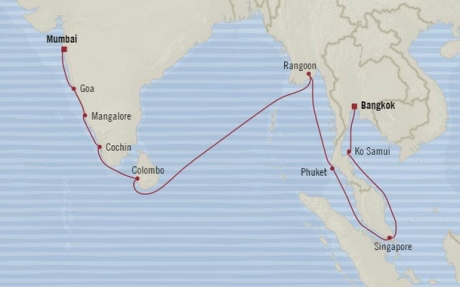 Cruises Oceania Nautica Map Detail Laem Chabang, Thailand to Mumbai, India April 11-29 2018 - 18 Days
