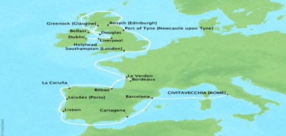 Cruises Oceania Nautica Map Detail Civitavecchia, Italy to Dublin, Ireland May 27 June 18 2018 - 22 Days