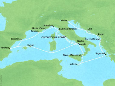 Cruises Oceania Nautica Map Detail Civitavecchia, Italy to Venice, Italy October 17 November 6 2018 - 20 Days