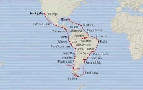 Cruises Oceania Regatta Map Detail Miami, FL, United States to Los Angeles, CA, United States October 8 December 15 2017 - 68 Days