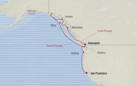 Cruises Oceania Regatta Map Detail Vancouver, Canada to San Francisco, CA, United States September 10-20 2017 - 10 Days
