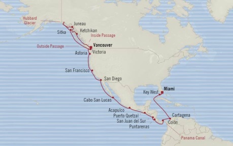 Cruises Oceania Regatta Map Detail Vancouver, Canada to Miami, FL, United States September 10 October 8 2017 - 28 Days