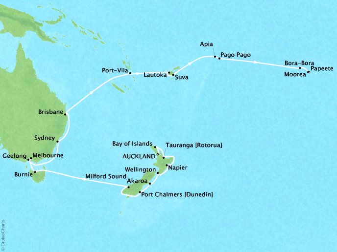 Cruises Oceania Regatta Map Detail Auckland, New Zealand to Papeete, French Polynesia February 15 March 16 2019 - 29 Days