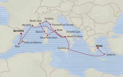 Cruises Oceania Riviera Map Detail Piraeus, Greece to Barcelona, Spain August 5-22 2017 - 17 Days