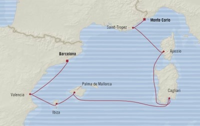 Cruises Oceania Riviera Map Detail Monte Carlo, Monaco to Barcelona, Spain June 21-28 2017 - 7 Days