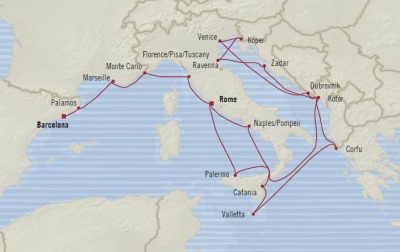 Cruises Oceania Riviera Map Detail Barcelona, Spain to Civitavecchia, Italy September 18 October 8 2017 - 20 Days