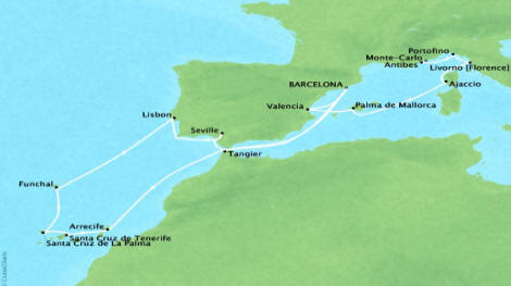 Cruises Oceania Riviera Map Detail Barcelona, Spain to Monte Carlo, Monaco April 21 May 10 2018 - 19 Days