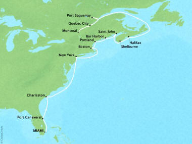 Cruises Oceania Riviera Map Detail Miami, FL, United States to Montreal, Canada April 22 May 8 2018 - 16 Days