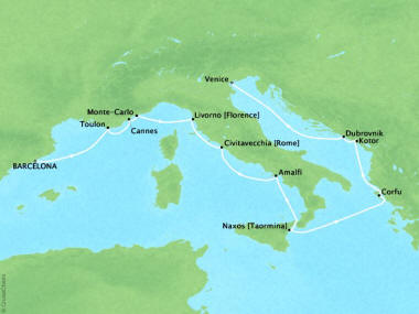 Cruises Oceania Riviera Map Detail Barcelona, Spain to Venice, Italy August 1-13 2018 - 12 Days