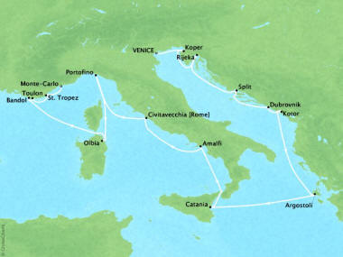 Cruises Oceania Riviera Map Detail Venice, Italy to Monte Carlo, Monaco August 13-30 2018 - 17 Days