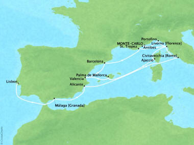 Cruises Oceania Riviera Map Detail Monte Carlo, Monaco to Lisbon, Portugal August 30 September 14 2018 - 15 Days