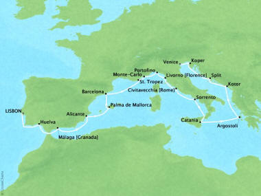 Cruises Oceania Riviera Map Detail Lisbon, Portugal to Venice, Italy June 16 July 4 2018 - 18 Days