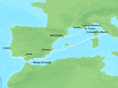 Cruises Oceania Riviera Map Detail Barcelona, Spain to Lisbon, Portugal June 6-16 2018 - 10 Days