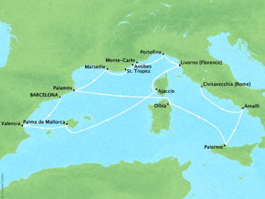 Cruises Oceania Riviera Map Detail Barcelona, Spain to Civitavecchia, Italy May 3-17 2018 - 14 Days