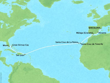 Cruises Oceania Riviera Map Detail Barcelona, Spain to Miami, FL, United States November 13-27 2018 - 14 Days