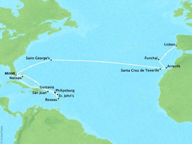 Cruises Oceania Sirena Map Detail Miami, FL, United States to Lisbon, Portugal June 13 July 8 2018 - 25 Days